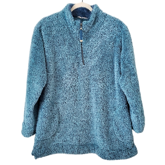Soft Surroundings Women's Sherpa Pullover Sweater Small Blue Quarter Zip Pockets - Picture 2 of 8